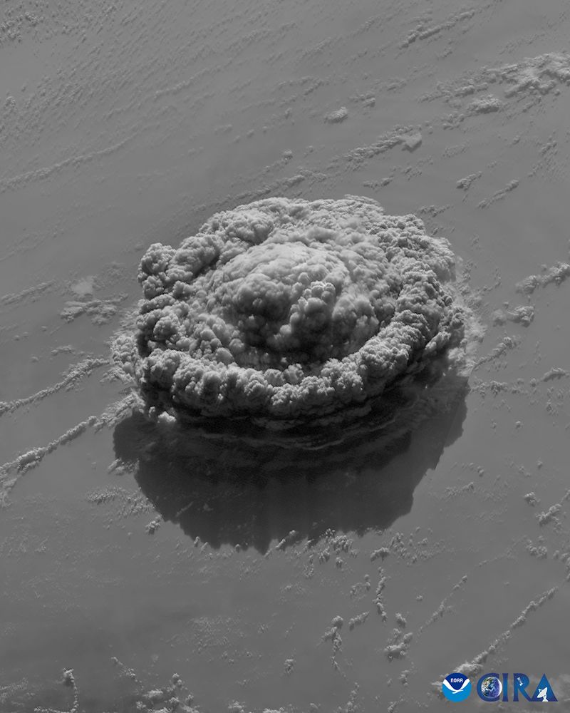 A satellite image of the eruption of the Hunga Tonga-Hunga Ha‘apai volcano. This image contains the visible (band 2) product from the GOES-17 weather satellite, captured at 04:30 UTC on 2022-01-15. 