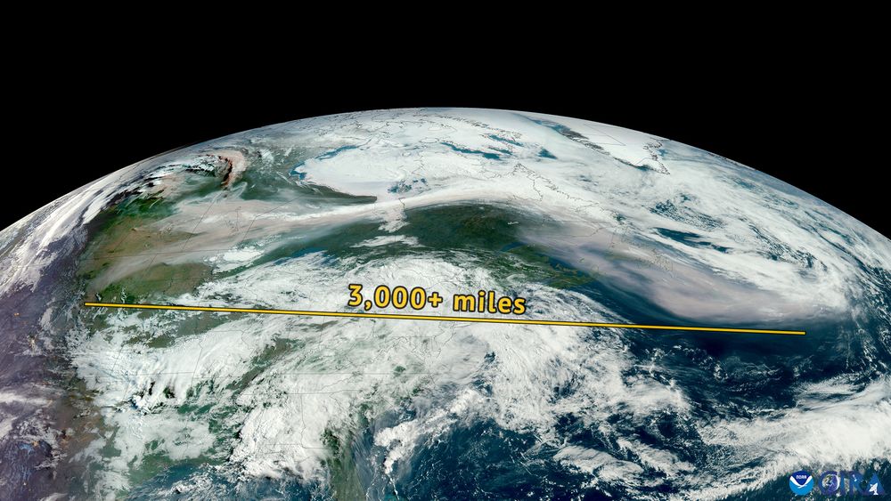 Satellite imagery that shows a large smoke plume stretching across North America. This image contains GeoColor imagery from the GOES-19 weather satellite. It was observed on the morning of May 29, 2025.