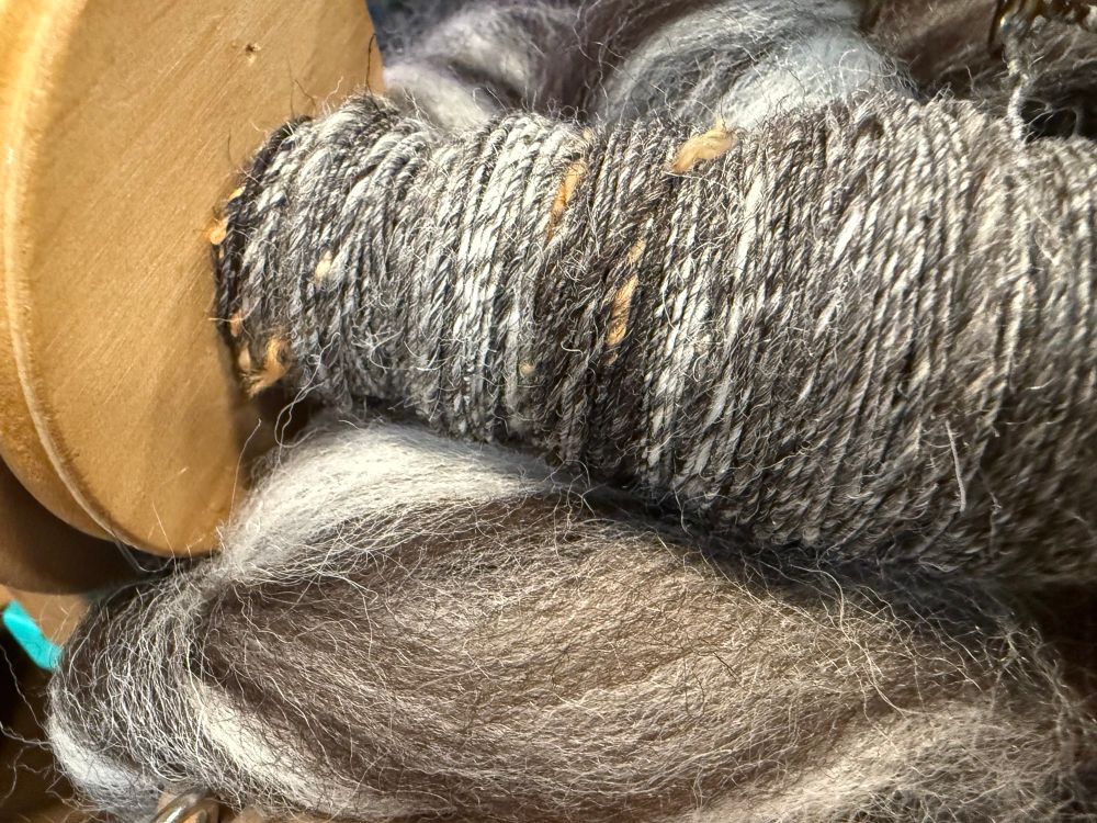 Close up shot of single ply yarn on bobbin with roving sitting underneath. The yarn is black and white striped, with irregular orange tweed added. 