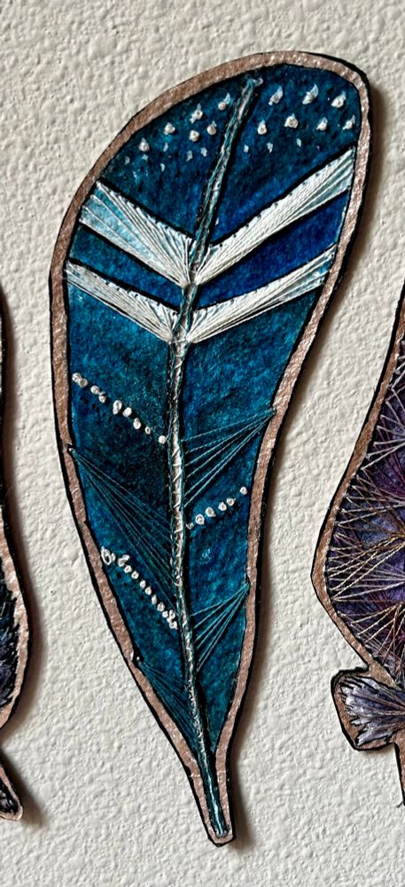 Watercolor painted turquoise feather with embroidery and ink details