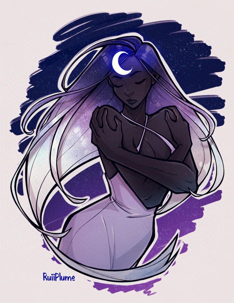 Lunastrá Dél Rosa from the webtoon/webcomic Khan created by CorruptedJaguar 

A half-body illustration of a woman with very dark blue black skin with a nebula galaxy hair somewhat wrapping around her. She has a cresent moon on her forehead that shines blue. She has her arms around her with each hand at the opposite shoulders. She has on a pale pink dress on. The background is a marker splash of dark blue/purple gradient with stars on a off white background behind her.