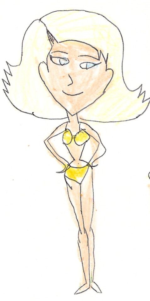 Terribly bad traditional drawing of a woman with blonde hair, blue eyes, peach skin and wearing a yellow bikini. She got her hands on her hips and she's smiling. Done in 2003.