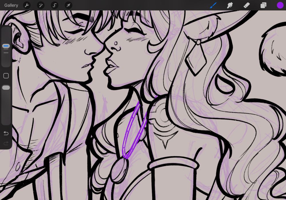 [OC] Procreate screenshot of a lineart process showing man and a catwoman close to kissing. The chain is in purple lineart. Done with black and purple dry ink brush.