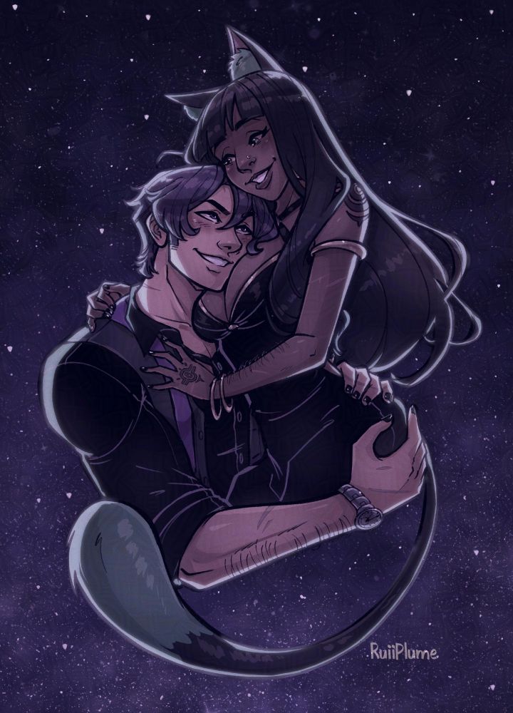 Ocs: Zari and Frankie from my upcoming comic PowerTwined 

Illustration of a man and a catgirl embracing one another in a spacy bg idk why but yeah spacy background is cool 👍🏾 both are wearing black formal clothes with matching nail polish.