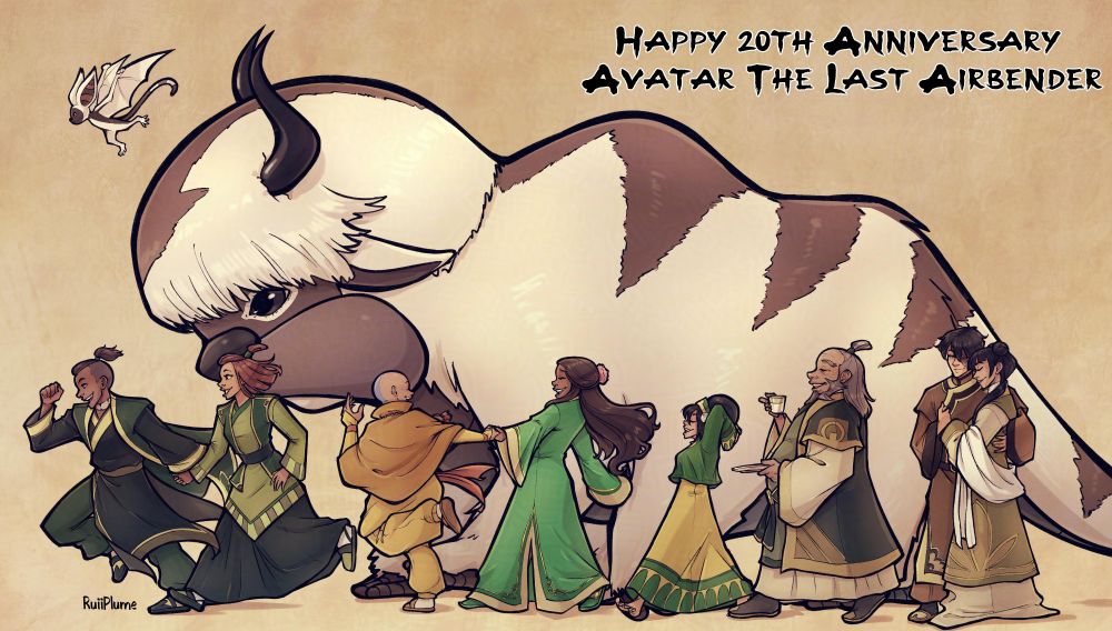 Horizontal drawing of the Gaang from Avatar the Last Airbender. Characters from left to right: Momo, Sokka, Suki, Appa, Aang, Katara, Toph, Iroh, Zuko and Mai. All are wearing the series finale clothes from the Earth Kingdom. Momo flying at the top left corner. Appa behind the people and all are running to the left hand side.

Letters say "Happy 20th Anniversary Avatar the Last Airbender" in their signature font.