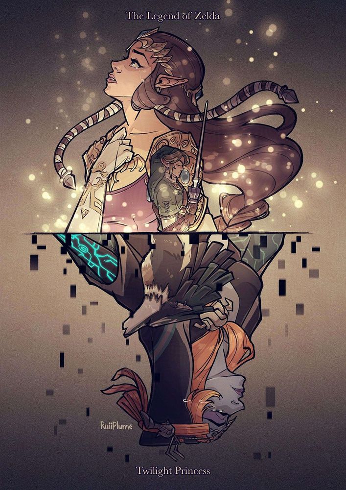 Drawing of Zelda, Link, Midna and Wolf Link from Twilight Princess. 

Top side shows a pointy-eared woman with brunette braided hair looking up with her hand on her chest, crying, while a small drawing of a pointy-eared man holding his sword close to him. His eyes are closed. Bokeh particles surrounded them.

Bottom side shows an upside down drawing of a cloaked woman with orange hair with yellow at the end. She also has pale blue skin with purple eye shadow and matching lipstick. Her eyes are closed and sheads a tear. A small drawing of a grey, pale green and white wolf howling also upside-down. Black squares of varying sizes surrounded them.
