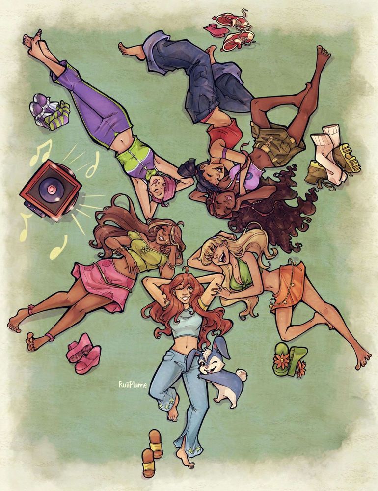 The winx girls and Kiko are all in a circle in their first appearance outfits with all their shoes and socks off and chillin' on the floor. Custom maid speakers blasting music made by Musa. Bloom and Kiko winking at the viewer. Stella and Flora laughing. Musa hugging Aisha and Techa being her chill self. All done in Clip studio paint. The background is lime green and pale yellow cloud border.