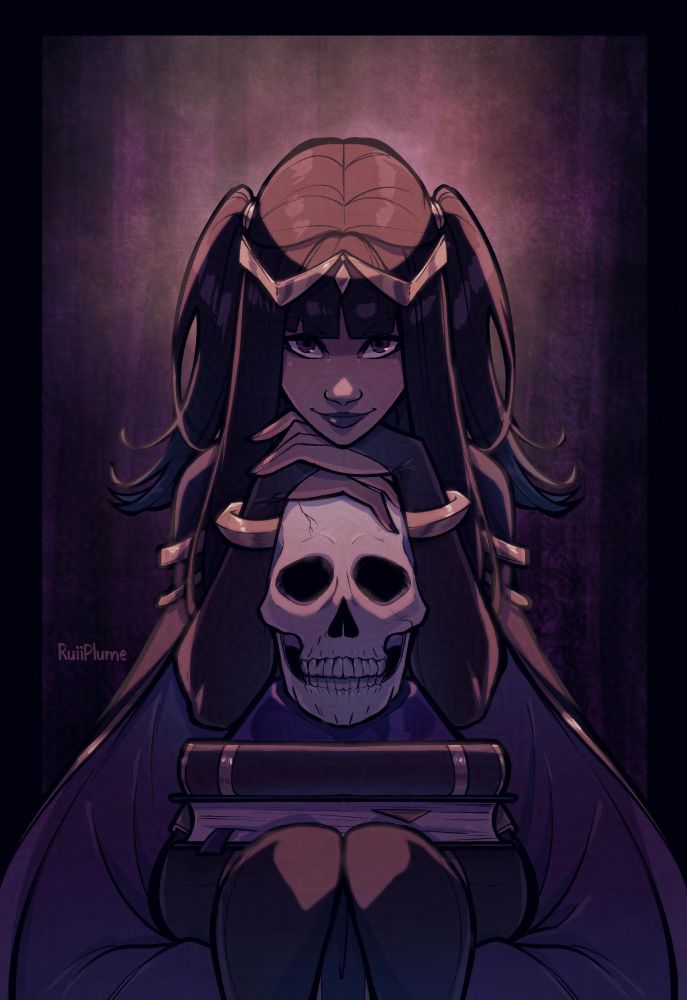 Tharja from Fire Emblem Awakening. She's sitting with a skull on a platform, below are two tomes on her lap. She's looking at the viewer immensely as if they were Robin. The entire illustration is dark with pink and purple hues with a grungy like background.