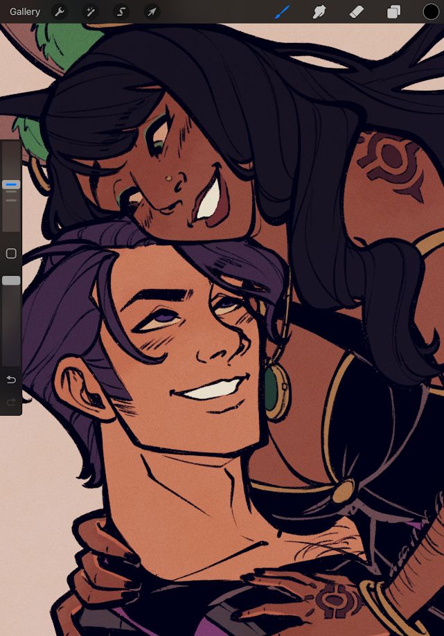 Procreate screenshot flats of my ocs Frankie and Zari from my comic project PowerTwined. Done with syrup brush.