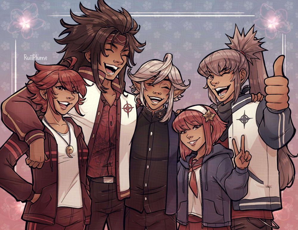 The Hoshidan royal family all in modern attire. Male Corrin and Sakura in school uniforms, tailored in Hoshidan fashion. Ryoma and Takumi wearing bomber jackets, but Ryoma wears a dress shirt and pants while Takumi wears a bandana, a t-shirt and brown jeans with a chain on. Hinoka wears a matching red and pink striped yoga jacket and pants as if she's a coach at the school.
