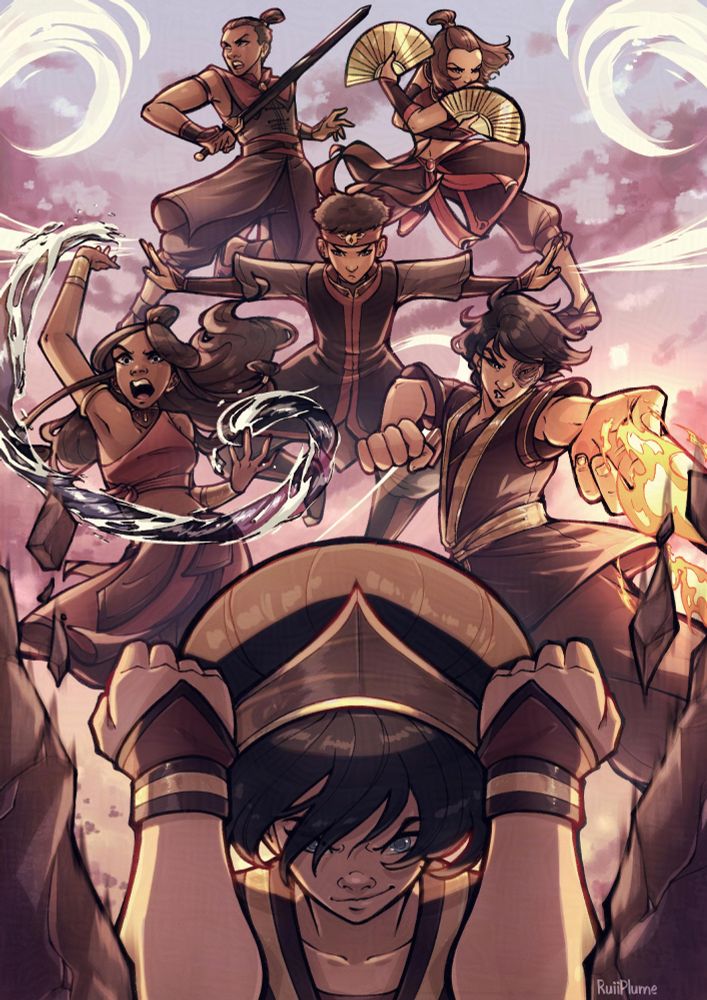 Team avatar all in their fire nation outfits ready to beat some ass in a sunset background. Characters from top to bottom, left to right: Sokka, Suki, Aang, Katara, Zuko and Toph.
