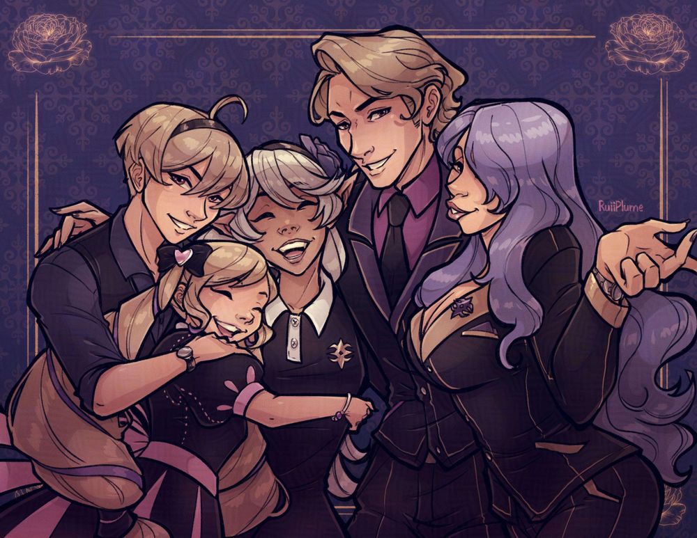 Nohrian family featuring 5 people, all with blond hair except for Camilla (far right) with purple hair. Purple background with faded gold vintage patterns and a gold border with matching rose corners around them.