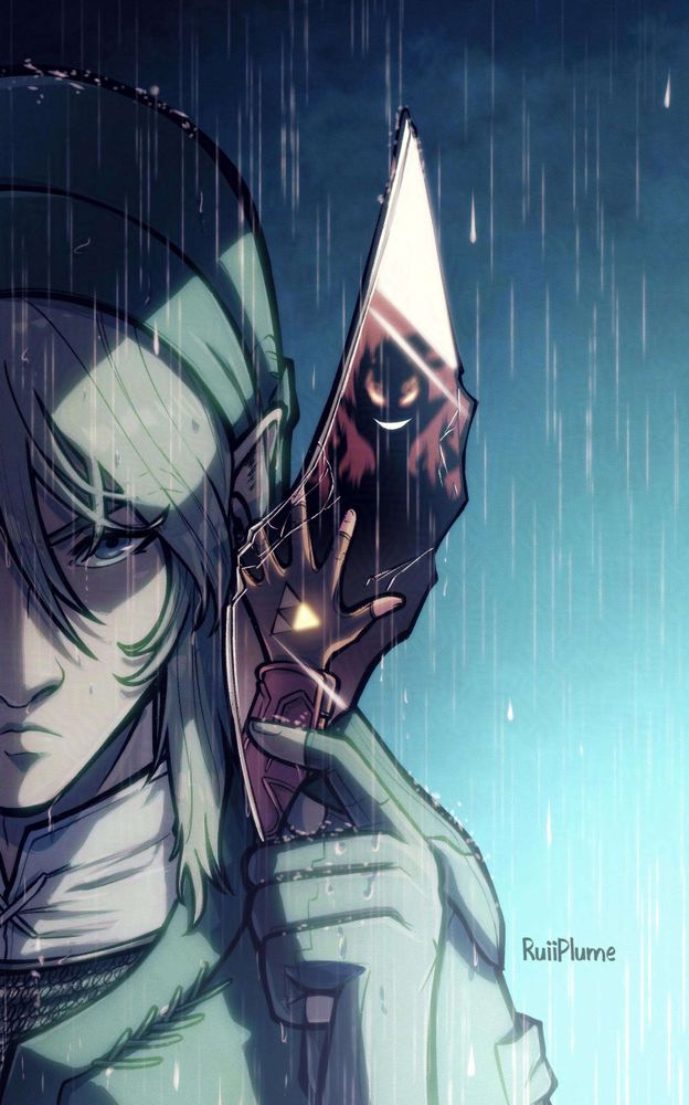 Illustration of Link from Legend of Zelda holding a piece of a mirror shard in his left hand. Rain has pour down around him. The shard contains his left hand with a triforce tattoo with the bottom right triangle glowing in the dark. In front of the hand is a shadowy figure resembling Link with flaming eyes and a smile contrasting the silhouette.