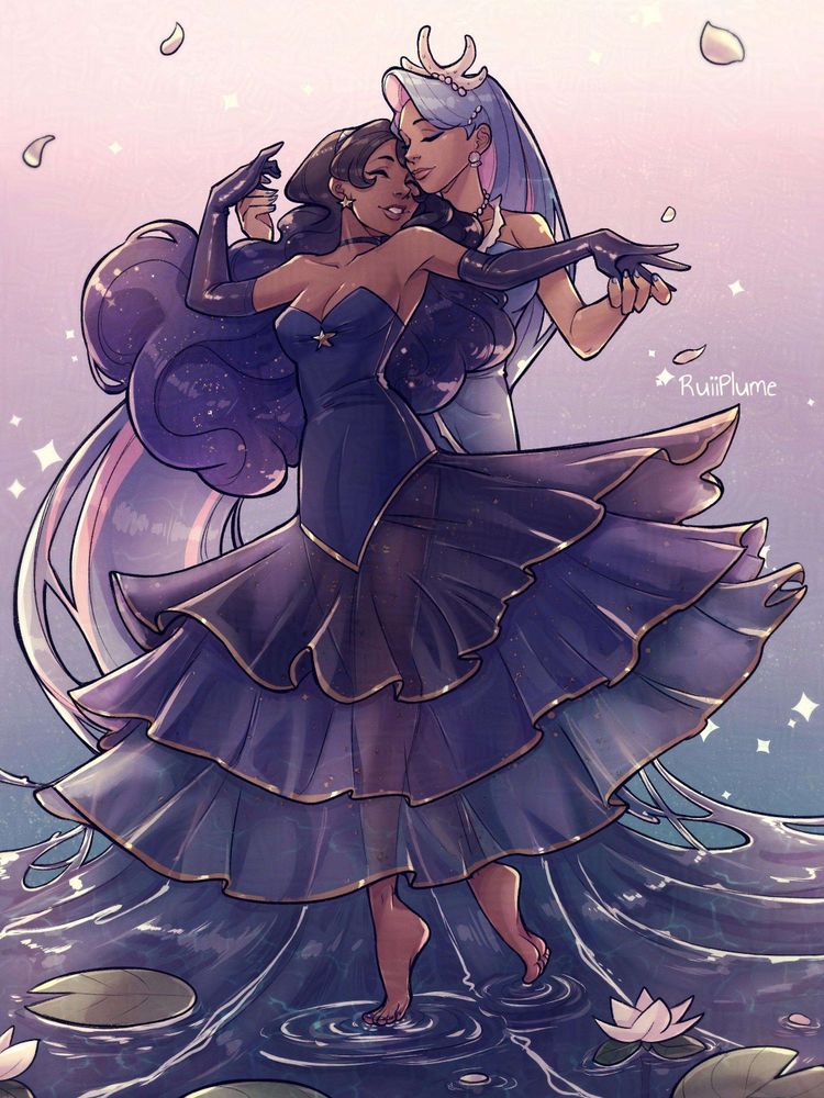 Sea Fairy and Moonlight Fashion Couple Dancing (2022)
Based from Leyendecker's 1921 Arrow Dress shirts and collars

Two women waltzing; one barefoot on the water with lily pads and the other's dress is forming said water.