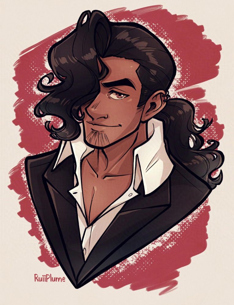 Jack created by kidwma.bsky.social

A head bust drawing of a man with red eyes, tan skin, and shoulder length black hair with a fluffy side bangs covering his right eye. he wears a black suit with white dress shirt sticking out and has two black earrings at the top of his left ear. He's smirking at the viewer.