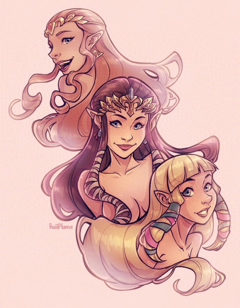 Three Zeldas: one from Ocarina of time (top left), Twilight Princess (middle) and Skyward Sword (bottom right) (2023)