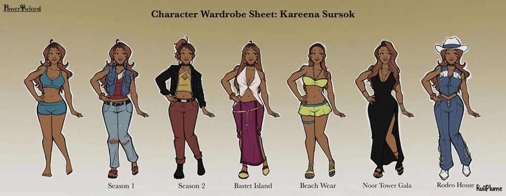 [OC] Kareena Sursok from my comic project PowerTwined

A character sheet depicting a woman of Latina descent with reddish brown hair with dark brown roots in 7 outfits: sports bra/bralette and some shorts; season 1 look with denim jacket and denim pants of a lighter blue; season 2 with a black leather jacket, yellow crop top and red orange jeans; bastet island if some fabric or drapes put together; beach wear with the lime color with turquoise straps; Noor Tower gala with a long black dress and some jewelry (she got the gold bracelets incase ppl wanna be funny with the gun iykyk); and rodeo house fit kinda like cowgirl Barbie but the color scheme is blue, yellow and white. White boots and matching hat with a denim blue stripe across the hat. Desaturared orange/yellow to off-white background.