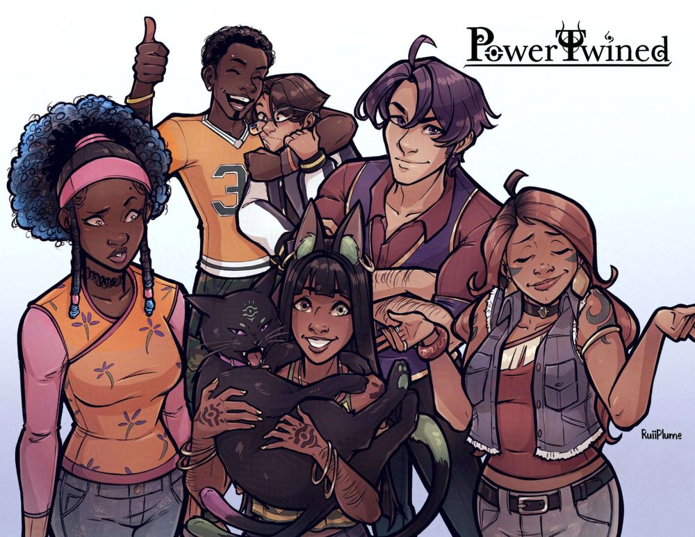 [OC] The whole crew from left to right: Aisha, Calvin, Walter, Cocoa, Zari, Frankie and Kareena from my comic project PowerTwined.

A group illustration of 6 people and a black cat hissing at the viewer. A logo appears at the top right saying "PowerTwined" in altered Baskerville font. Zari holding a very angry Cocoa. Aisha looks at Cocoa very confused. Kareena with her eyes closed and shrugs like it's nothing. Frankie with his arms crossed smirking at the viewer. Calvin giving the thumbs up while hugging Walter in a friendly choke-hold lol. His glasses are lop-sided.