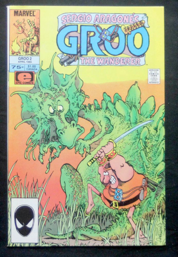 cover of Sergio Aragone's Groo the Wanderer #2, published by Epic Comics (the arm of Marvel Comics that published independent and creator owned work), dated April 1985.
Groo is a stupid barbarian who loves a good fray and cheese dip.
On this cover he is sneaking up to kill what he thinks is a snake.
A dragon looms behind him and the snake is its tail.

Groo the Wanderer is the best comic in the known universe and no lie.
And Sergio Aragones is the best artist in the known universe. 

Or maybe they're just my favourites, sometimes the line blurs in my head.