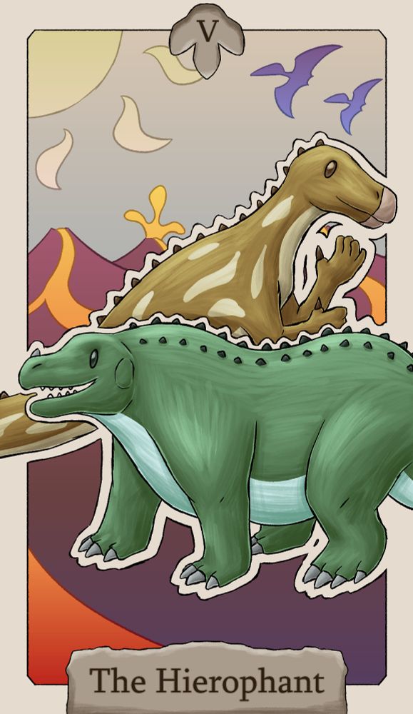 Tarot-Illustration mit Dinosauriermotiv. Karte 5: The Hierophant.
Zentral abgebildet sind zwei Iguanodon in veralteten Darstellungen; das vordere entspricht den Iguanodon aus dem Londoner Crystal Palace Park von 1854 und zeigt es als große, schwere Echse, die auf allen Vieren steht, während das hintere der Rekonstruktion aus dem ersten Drittel des 20. Jahrhunderts entspricht, mit einer aufrechten Pose, sich wie ein Känguru auf dem Schwanz abstützend. Im Hintergrund sieht man eine Landschaft mit aktiven Vulkanen aus rötlichem Fels, der Himmel ist grau und die Sonne groß und blass.
Das vordere Iguanodon ist tanngrün. Es steht auf vier stämmigen Beinen mit großen grauen Krallen an seinen Füßen und hat ein ebenso graues Horn auf der Nase. An der Unterseite ist es hellblau gefärbt und hat einen durchhängenden Bauch.
Das hintere Iguanodon ist hellbraun mit sandfarbener Unterseite. Es hält seine Hände auf Brusthöhe, klar sichtbar ist der Daumenstachel. Es hat außerdem einen breiten Schnabel.