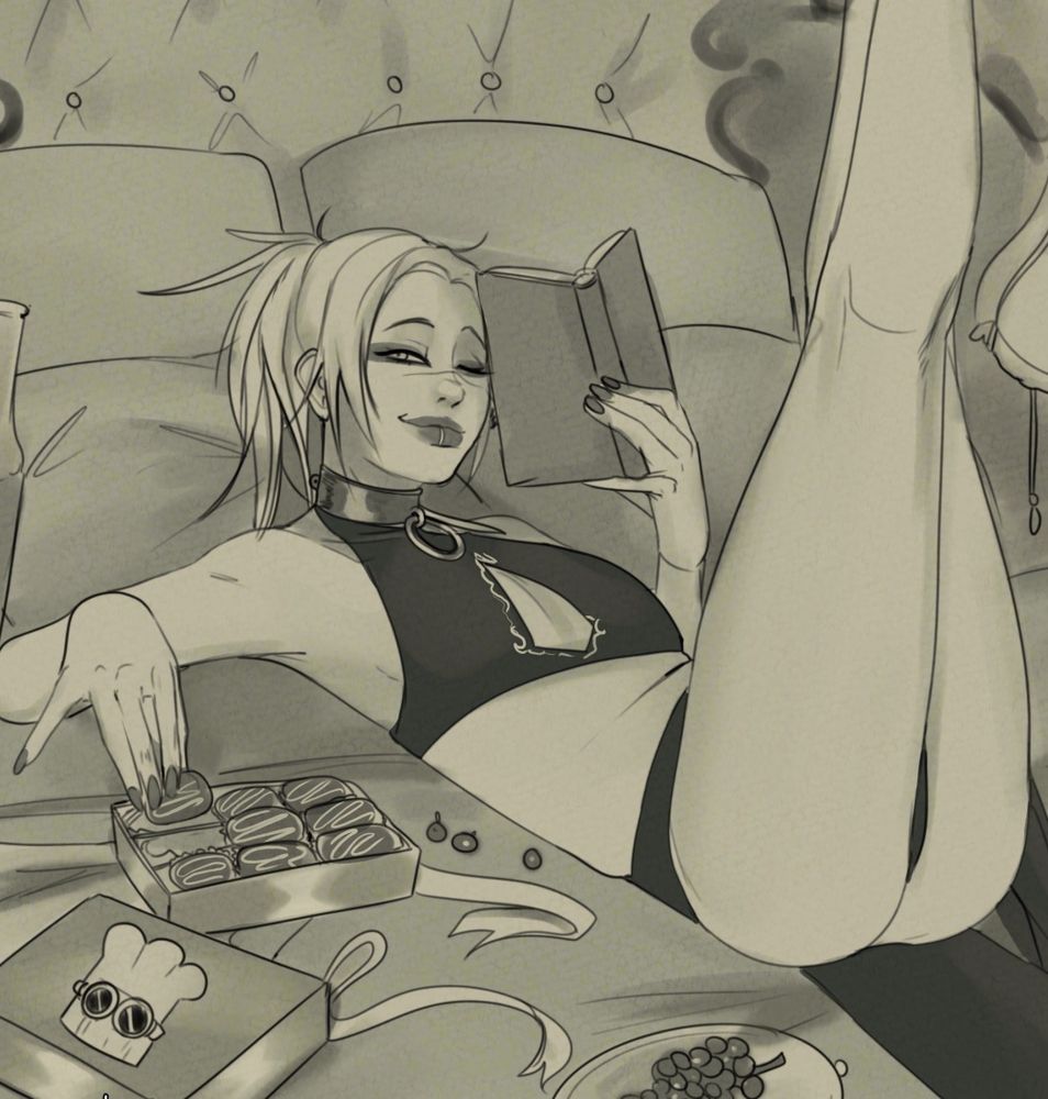 Monochrome drawing of Fay on the bed with snacks, legs up pose
