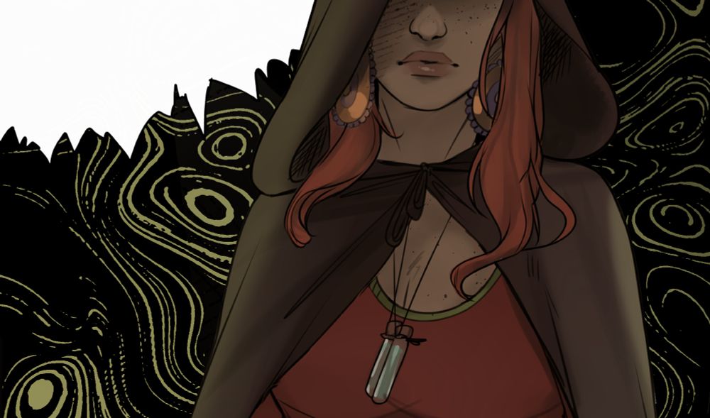 Cropped panel showing a familiar red-haired woman. A pale green and black smoke texture fills the frame.