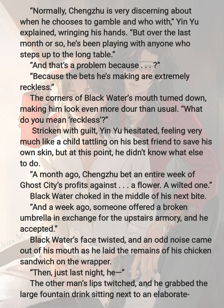 Background image is fanart of Hua Cheng and Xie Lian from my Hualian Mafia AU "Red."