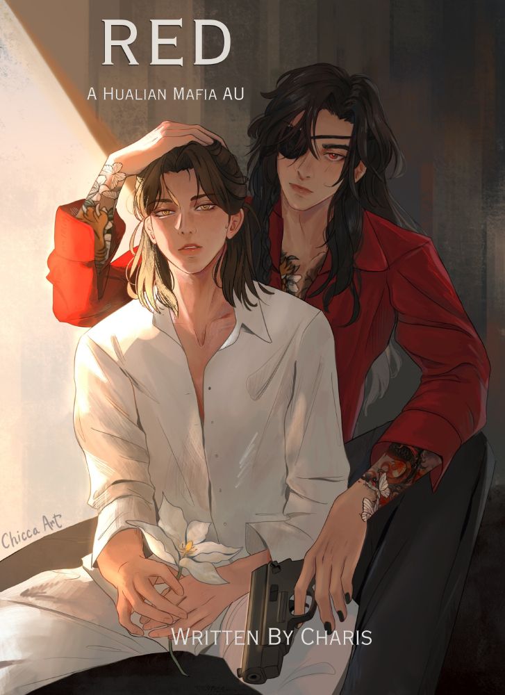 Cover art of Xie Lian and Hua Cheng in my Hualian Mafia AU "Red."