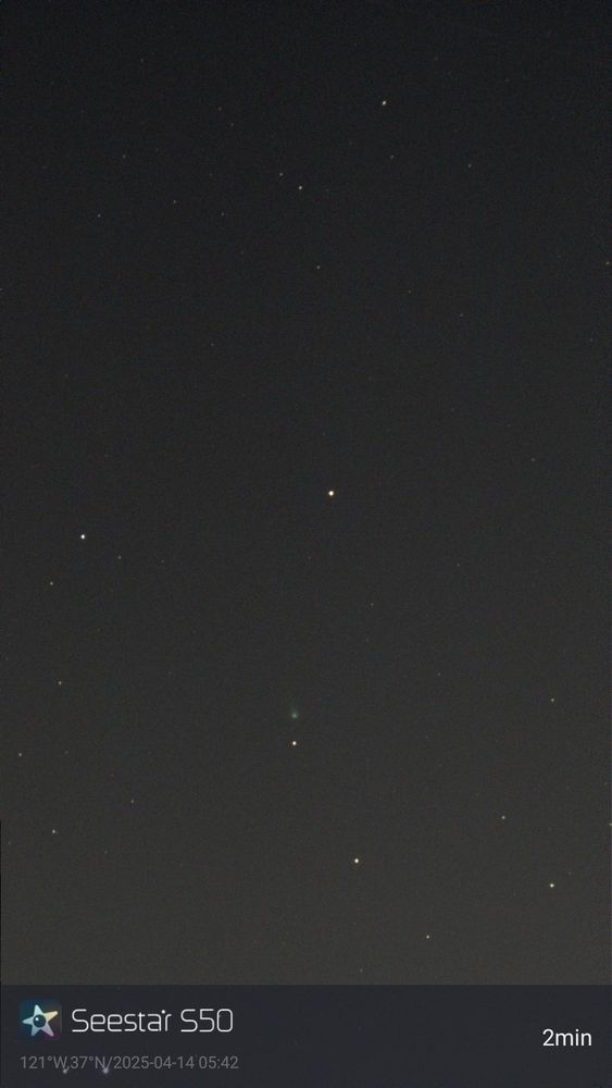 Portrait astrophoto of a faint, blue comet, nearly hidden amongst the night sky stars.