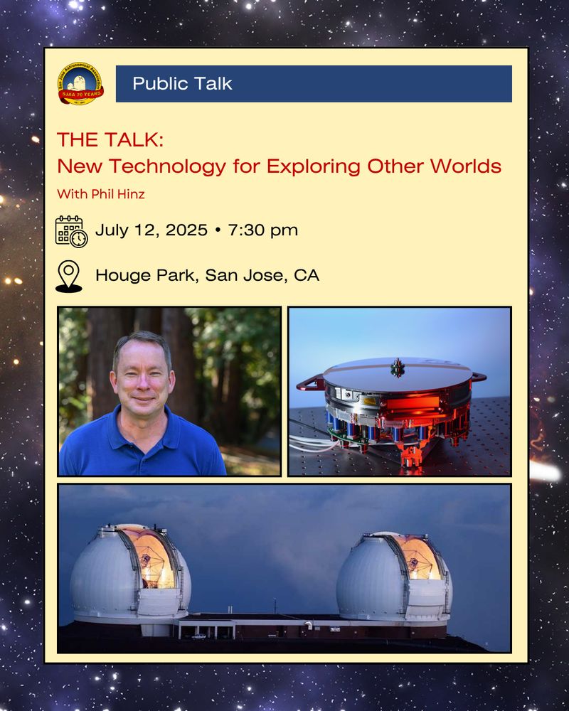 Text: Public Talk. The Talk: New Technology for Exploring Other Worlds with Phil Hinze. July 12, 2025, 7:30 pm, Houge Park, San Jose, CA. SJAA anniversary logo. Inset pictures: Phil Hinz, an adaptive secondary mirror from the NASA Infrared Telescope Facility, and the twin domes of Keck Observatory in Hawai'i.