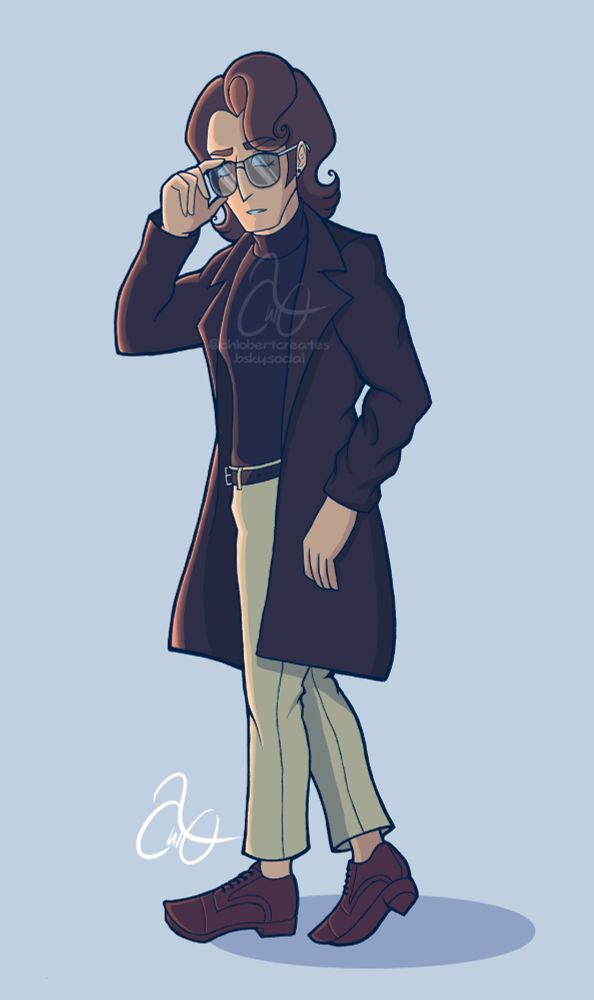 A cartoon, anime-esque illustration of a young man with dark, neck-length brown hair and sunglasses in a walking pose. His attire is casual, sporting a long, dark brown coat, black turtleneck and beige dress pants. The shading has a blue hue as if he's standing in the shade on a sunny day, soft yellow light shining down on his warm peach skin. He's tilting down his sunglasses to look at the viewer with a curious expression, as if he's stopped to look at them.