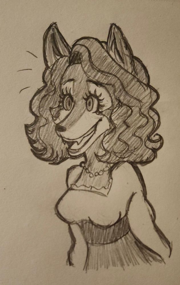 A simple head to waist pencil sketch of Foxy Colleen, an anthropomorphic fox girl from Pizza Time Theater. Her hair is short and curly, shaded dark. Her eyelashes are thick and long. She dons a pearl necklace and light-colored top with lace ends around her chest. Her dress is shaded a darker tone, and her mouth is agape with a smile that shows off her canines, as she wears an enchanted expression on her face.