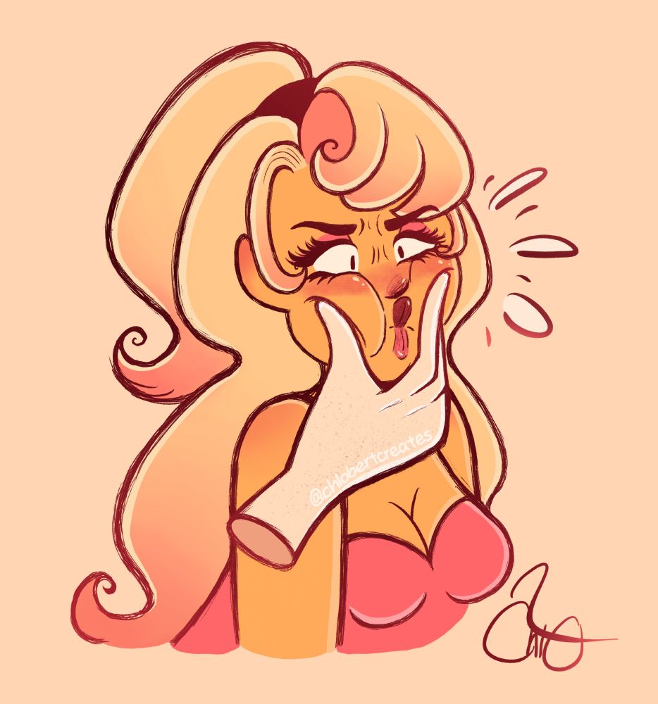 A head to bust digital illustration of a tan cartoon woman with long, strawberry blonde hair styled into a half ponytail. Her eyes are wide and her brows are furrowed in a befuddled and flustered expression as a pale, disembodied hand squeezes her cheeks.   