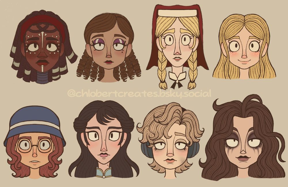 Digitally drawn portraits of eight female characters from the game Identity V. From left to right we have Enchantress Patricia Dorval, Perfumer Vera Nair, Toy Merchant Anne Lester, Little Girl "Memory", Mind's Eye Helena Adams, Antiquarian Qi Shiyi, Meteorologist Wendy Foote, and Psychologist Ada Mesmer. 