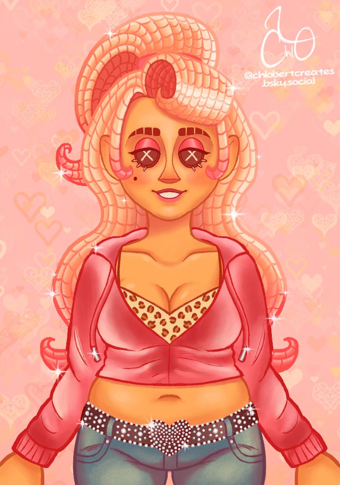 A digital illustration of a tan Caucasian young girl resembling a doll. Her hair is strawberry blonde and made of yarn, her ends fading into a light pink, half of her hair in a small ponytail. Her eyes are made of brown buttons, stitched with white thread made to resemble bottom lashes. Her round cheeks are rosy with pink blush as well as matching eyeshadow and lipstick. She dons a pink velvet crop hoodie over a leopard print tank top which shows off her cleavage. Her blues jeans are low rise with a light fade, paired with a brown belt with a heart belt buckle, all decorated with rhinestones      