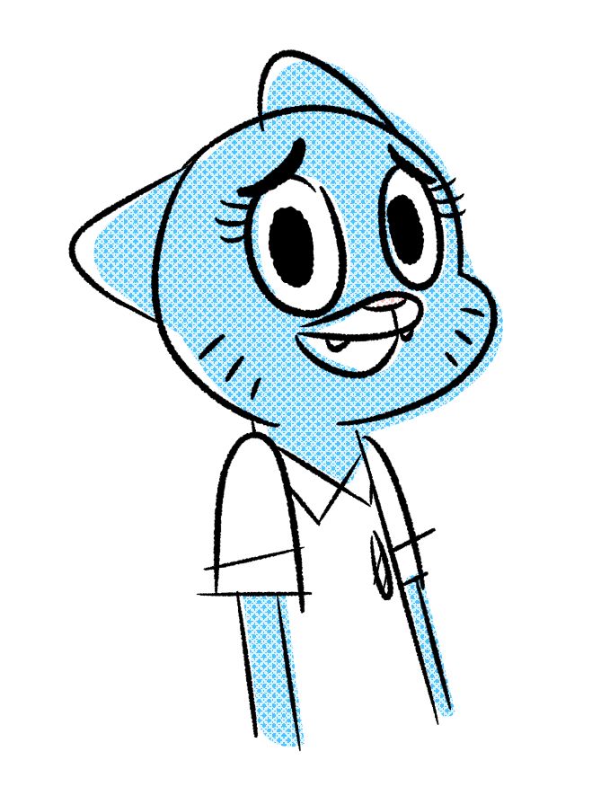 Nicole Watterson, the blue cat mother from The Amazing World of Gumball, looking at the viewer and smiling. Her blue fur is colored using a halftone effect that mimics old comics.