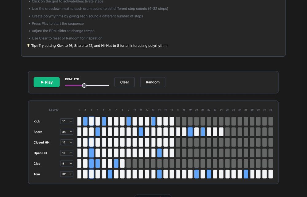 screenshot of a poly-rhythmic drum machine built in the browser with react