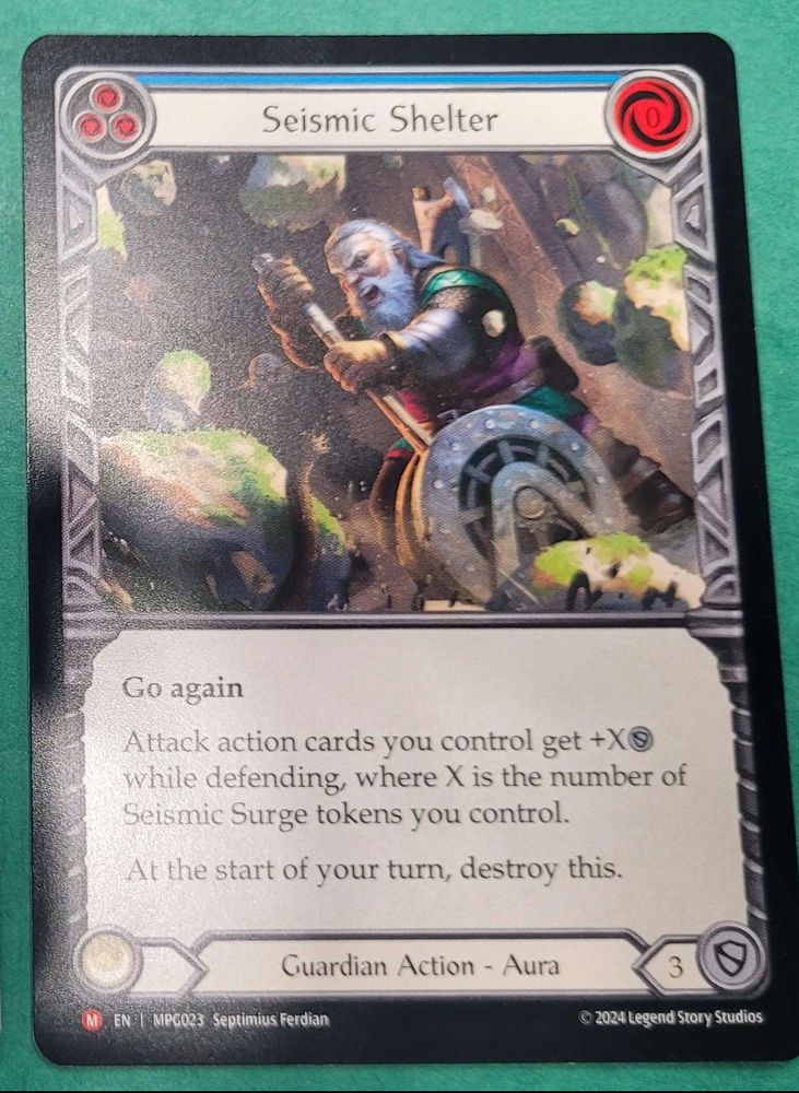 The newly revealed Flesh and Blood card Seismic Shelter, which depicts a character moving a lever as rocks fall above them. The card gives your attack action cards +X defense where X is the number of seismic surge tokens you control. 