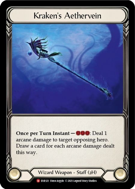 The Flesh and Blood card Kraken’s Aethervein, the art depicts a staff underwater. The card has a once per turn instant ability that costs 3 resources and deals 1 arcane damage to an opposing hero, then draws cards equal to the damage dealt. This card is banned in the LL format. 