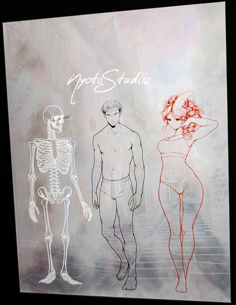 Work in progress procreate art of Benjamin the skeleton, Sikras the necromancer, and Helspira the demon from Hopeless Necromantic by Shiloh Briar 