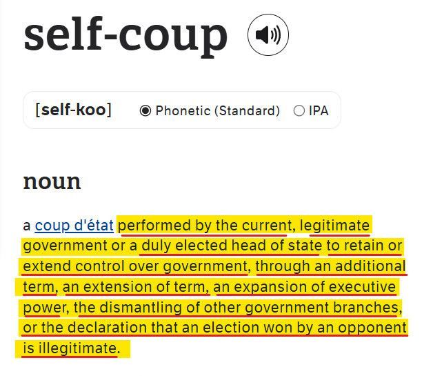 https://www.dictionary.com/browse/self-coup

self-coup 
[self-koo] Phonetic (Standard)
noun

a coup d'état performed by the current, legitimate government or a duly elected head of state to retain or extend control over government, through an additional term, an extension of term, an expansion of executive power, the dismantling of other government branches, or the declaration that an election won by an opponent is illegitimate.