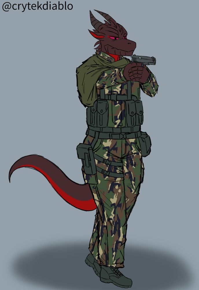 dragon in outfit consisting of the flak vest and chest rig and scarf (venom snake styled)