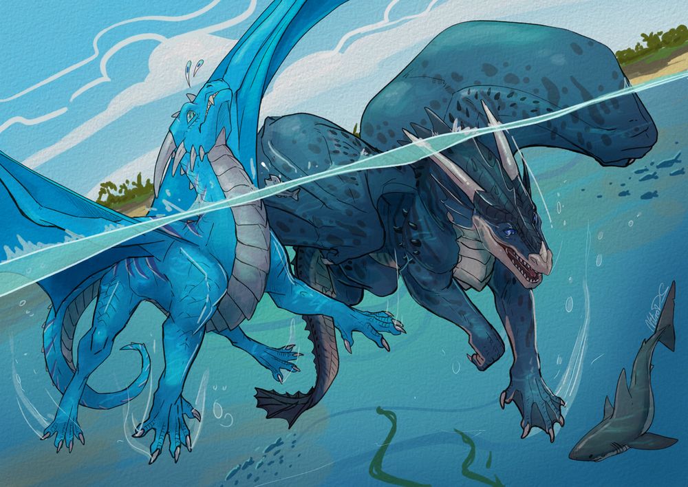 2 dragons swimming with the light blue dragon getting spooked by a tiny fish while the water dragon is marveling at a shark in the waters below