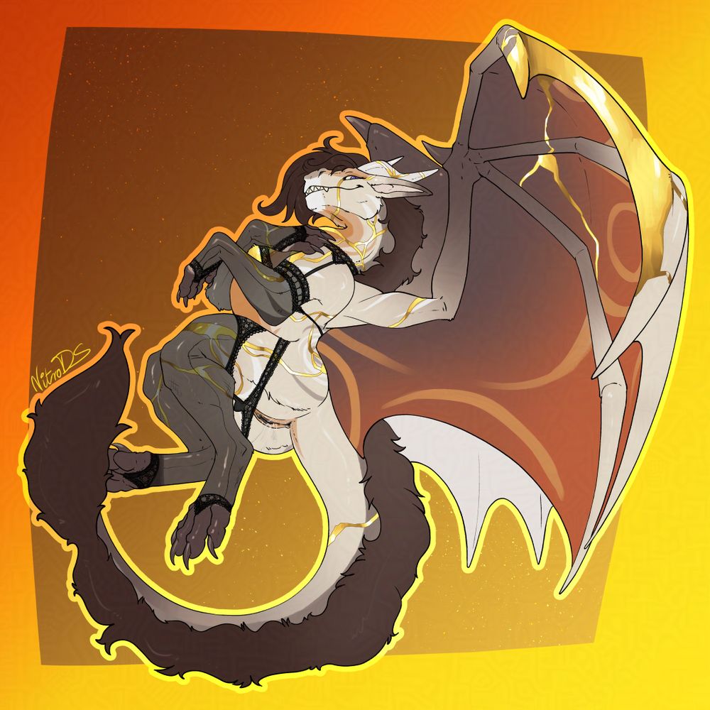 a kintsugi feral dragon lady in lingery is showing off her vagina