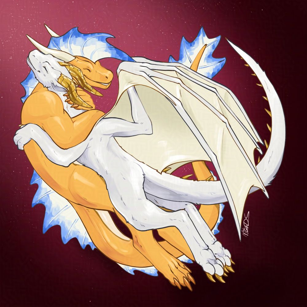 hugs, white dragon and yellow drake hugging