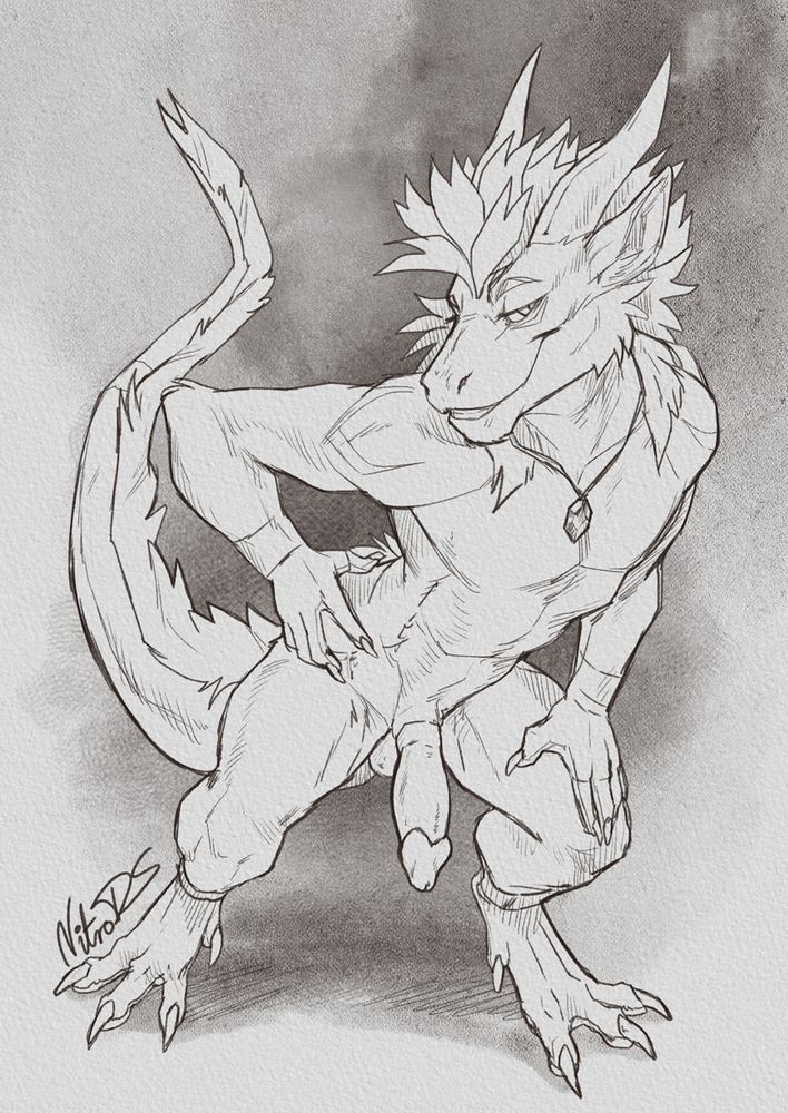 Sketch of a fuzzy fella, he is standing confidently with his dick out, looking at the viewer like you owe him something. 