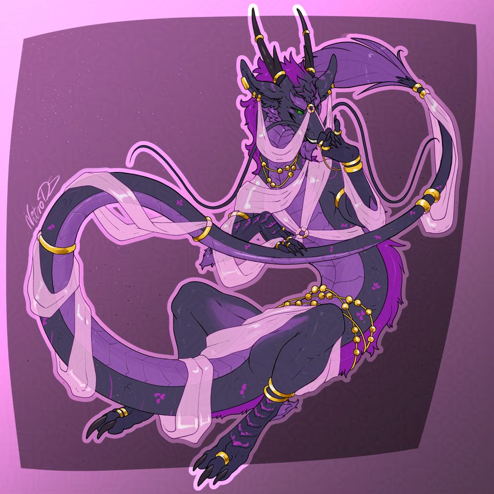 a purple eastern long dragon with jewelery and silken robes looking seductively