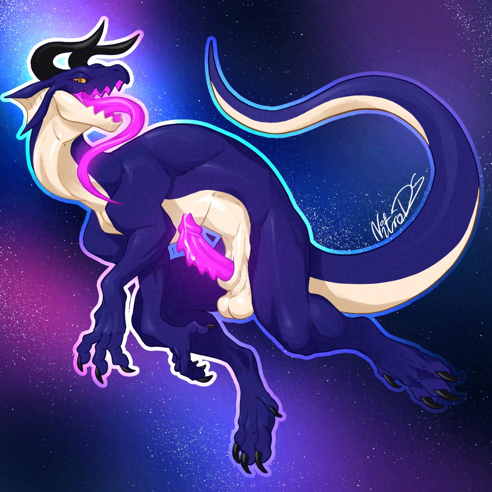 a blue purple drake floating through space with his glowy dick out and long tongue flexing