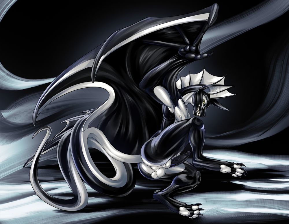 a black and white latex esque bat character with frills resting on his side and exposing his butt, cock and balls to the viewer