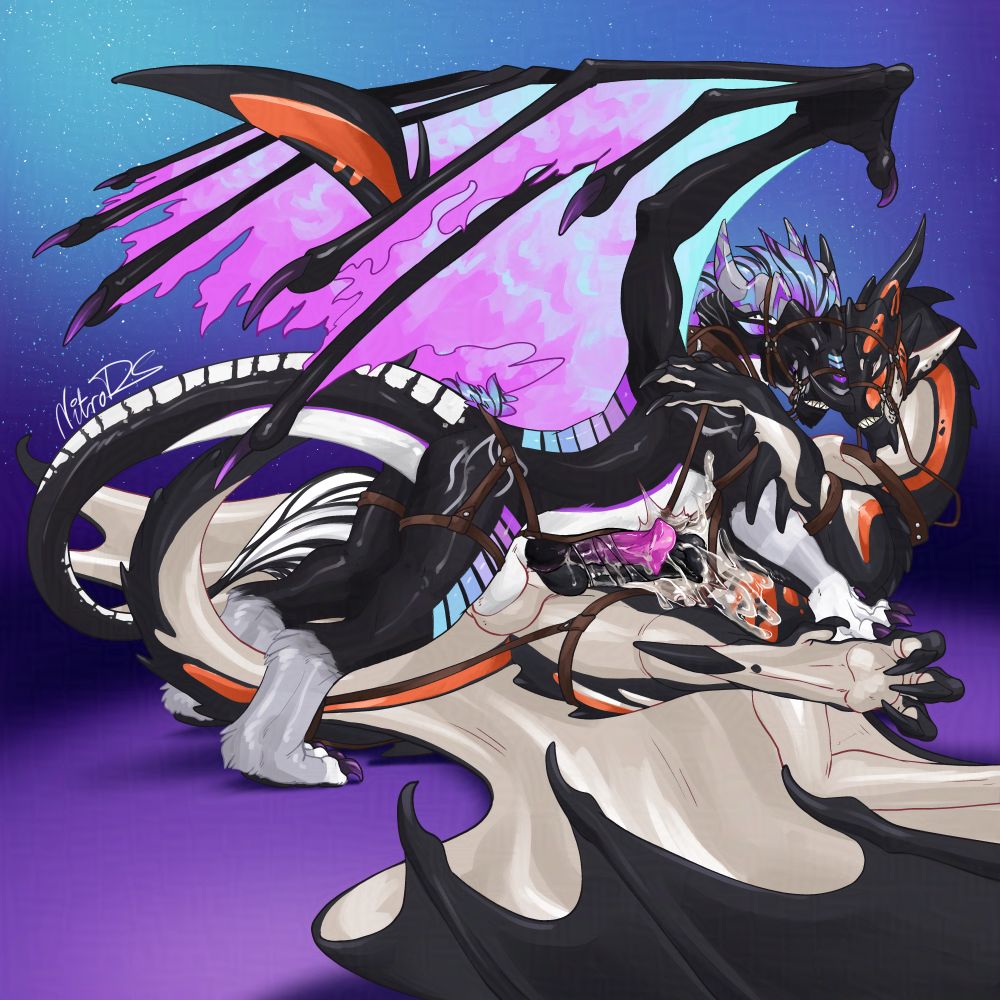 2 feral dragons with horse dicks frotting and rubbing their dicks together inside a very stretched condom, but the condom bursted leaking cum